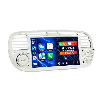 Boscer Autoradio geschikt voor Fiat 500 2007-2015 | 7 inch CarPlay & Android Auto draadloos | Android 15 | 4+64GB | Beige/Wit