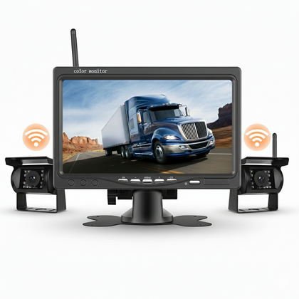 Boscer Achteruitrijcamera set Pro – Draadloos – 7 Inch HD Scherm (1024×600) – Dual 1080P Camera's – IP68 Waterdicht – BSD Dodehoek Detectie – Nachtzicht – Geschikt voor Auto, Bus, Camper, Caravan, Vrachtwagen & Landbouw