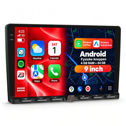Boscer 2-DIN Autoradio Universeel | 9 inch CarPlay & Android Auto draadloos | Android 15 | Fysiek bedieningspaneel | 4+64GB
