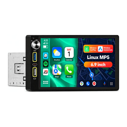 Boscer 1-DIN Autoradio Universeel | 6.9 inch CarPlay & Android Auto draadloos | Linux MP5