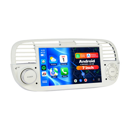 Boscer Autoradio geschikt voor Fiat 500 2007-2015 | 7 inch CarPlay & Android Auto draadloos | Android 15 | 4+64GB | Beige/Wit