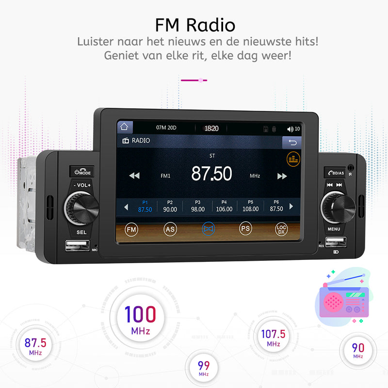 1Din Autoradio | 5' HD Touchscreen | Apple Carplay & Android Auto | Bluetooth, USB & MP5 | Achteruitrijcamera & Externe Microfoon