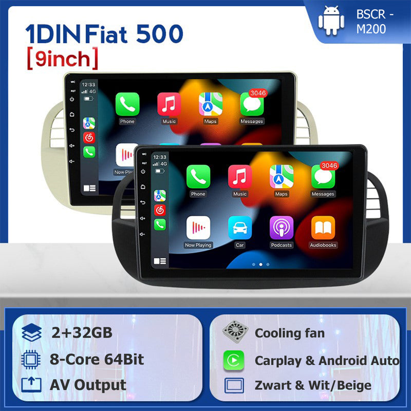 Autoradio Fiat 500 2007-2015 |  Android 11 |  Apple Carplay & Android Auto (Draadloos) | 9 Inch HD Navigatiesysteem | Wit/Beige | Achteruitrijcamera & Microfoon