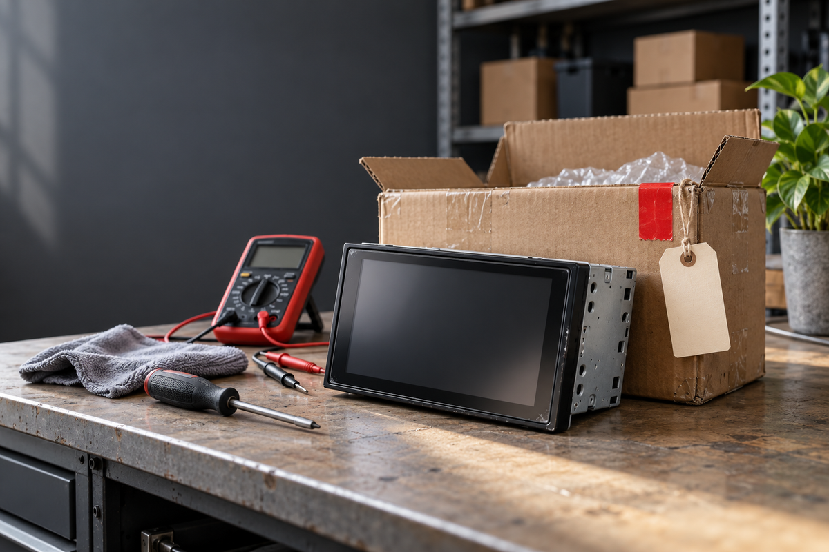 Geteste autoradio op een werkbank, klaar voor een tweede kans