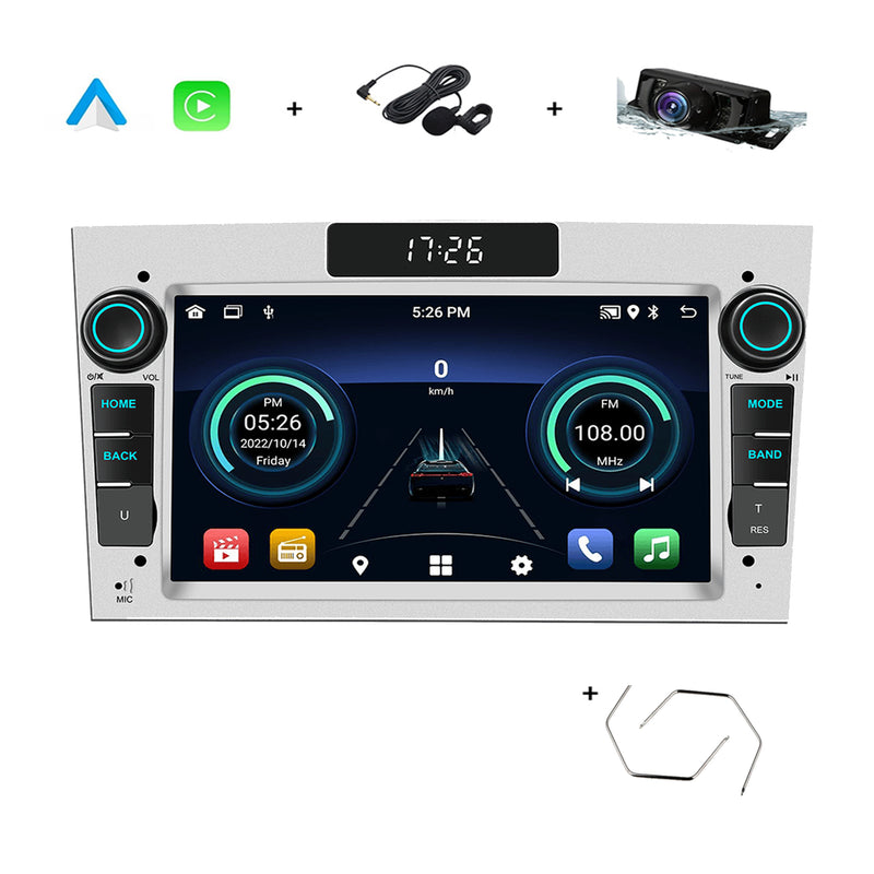 Boscer® Autoradio Geschikt voor Opel - Android 13 - Apple Carplay & Android Auto (Draadloos) - 2+64GB - 7 Inch HD Touchscreen - GPS, Bluetooth, USB, SD & MP5 - Navigatiesysteem - Grijs - Demontagesleutels, Achteruitrijcamera & Microfoon