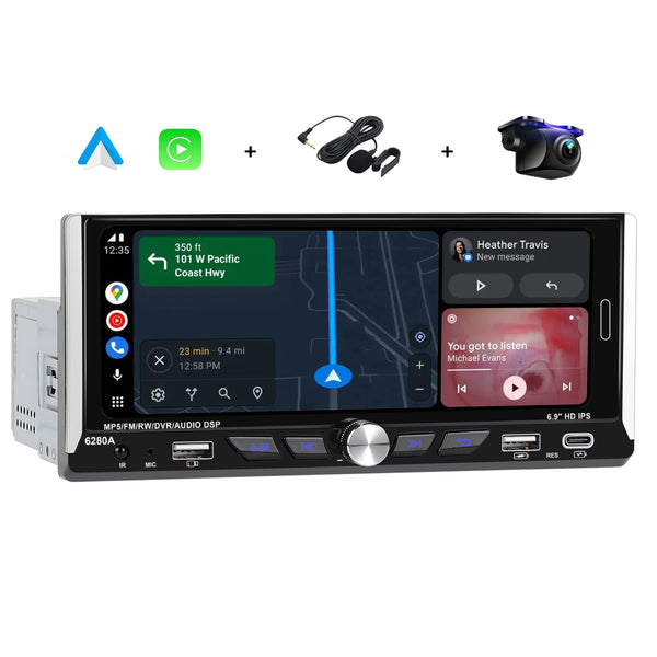 Boscer® Autoradio 1Din Universeel - Android 15 - Apple Carplay & Android Auto (Draadloos) - 6,9 Inch HD Touchscreen - 2+64GB - GPS Navigatiesysteem - USB, USB-C, WIFI, Bluetooth - MP5 - Achteruitrijcamera & Microfoon - 2025 Model