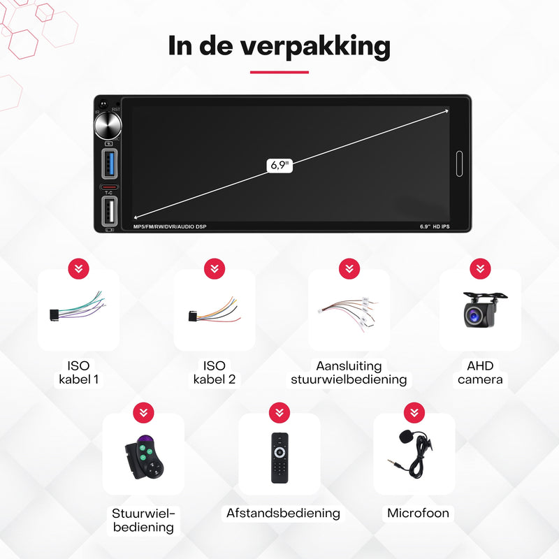 Boscer® 1Din Autoradio Universeel - 6,9 Inch HD Touchscreen - Apple Carplay & Android Auto (Draadloos) - Bluetooth, USB, USB-C & MP5 - AHD Achteruitrijcamera, Stuurwieladapter & Externe Microfoon - 2025 Model