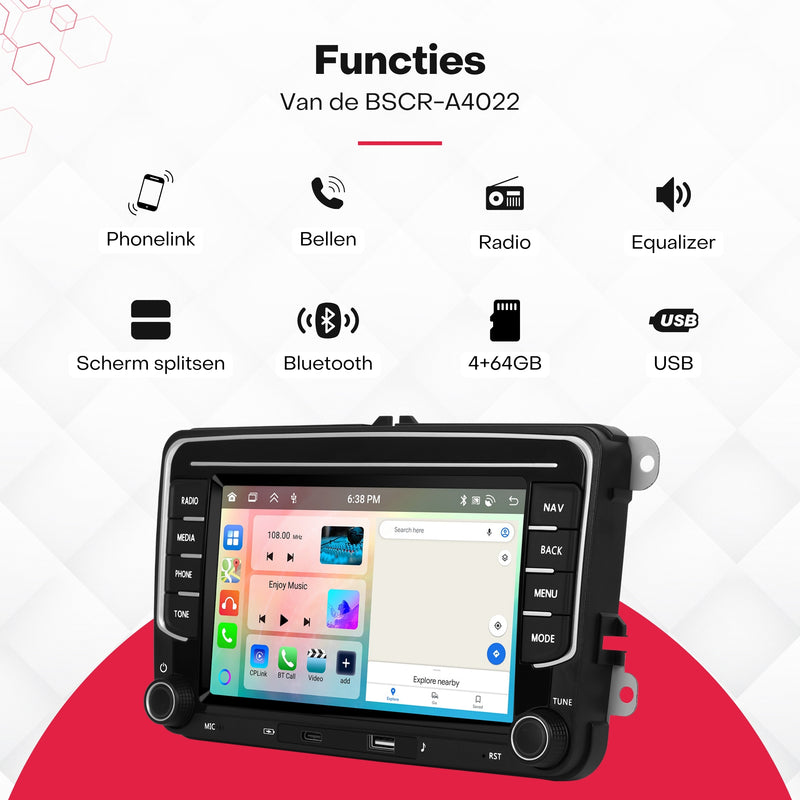 Boscer® Autoradio Geschikt voor Volkswagen, Skoda & Seat - Apple Carplay & Android Auto - Android 15 - 4+64GB - 7 Inch IPS HD Touchscreen - Bluetooth, USB, USB-C, Wifi & MP5 - Navigatiesysteem - Achteruitrijcamera & Microfoon - 2025 Model