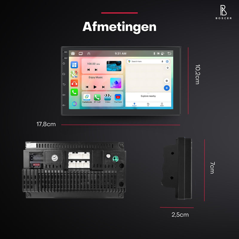 Boscer® Autoradio 2Din Universeel - Android 13 - Apple Carplay & Android Auto (Draadloos) - 2+64GB - 7 Inch HD Touchscreen - GPS Navigatiesysteem - Achteruitrijcamera