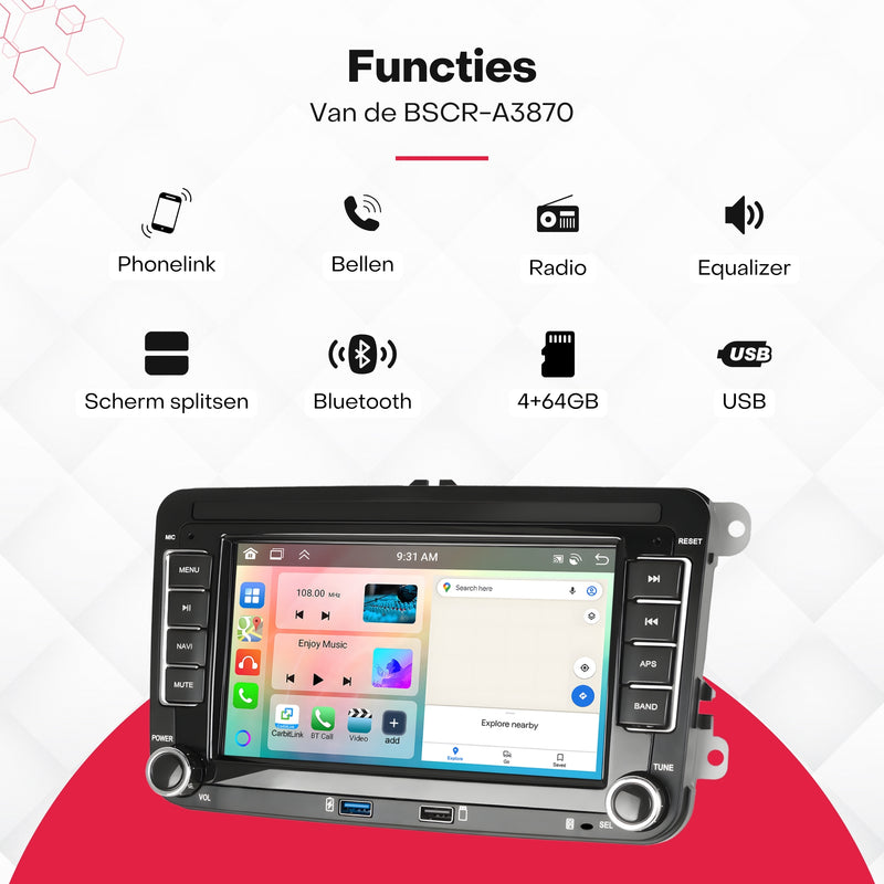 Boscer® Autoradio - Geschikt voor Volkswagen, Skoda & Seat - Apple Carplay & Android Auto - Android 15 - 4+64GB - 7 Inch HD Touchscreen - Bluetooth, USB, Wifi & MP5 - Navigatiesysteem - Achteruitrijcamera & Microfoon - 2025 Model