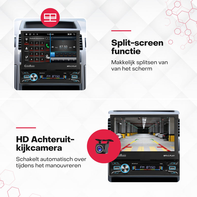 Boscer® 1Din Autoradio - Android 15 - Apple Carplay & Android Auto (Draadloos) - 2+64GB - 7 Inch IPS HD Gemotoriseerd klapscherm - Navigatiesysteem - Bluetooth, Aux, USB, MP5 - GPS - WIFI - Achteruitrijcamera & Microfoon