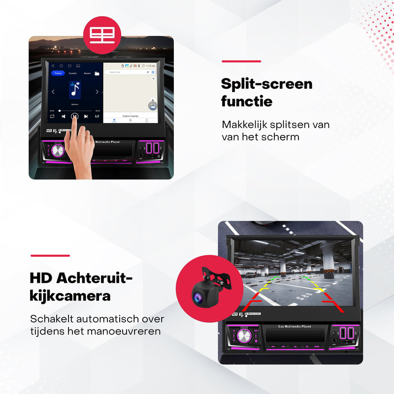 Boscer® 1Din Autoradio - Android 15 - Apple Carplay & Android Auto (Draadloos) - 4+64GB - 7 Inch IPS HD Handmatig Klapscherm - Navigatiesysteem - Bluetooth, Aux, USB, SD & MP5 - GPS - WIFI - Achteruitrijcamera & Microfoon