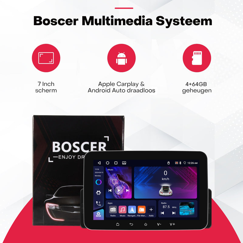 Boscer® 1Din Autoradio - Android 15 - Apple Carplay & Android Auto (Draadloos) - 4+64GB - 7 Inch IPS HD Touchscreen - Navigatiesysteem - Bluetooth, USB & MP5 - GPS - WIFI - Achteruitrijcamera & Microfoon