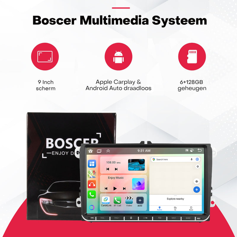 Boscer® Autoradio Geschikt voor Volkswagen, Skoda & Seat - Android 15 - 6+128GB - Apple Carplay & Android Auto - 9 Inch HD Touchscreen - Bluetooth, USB, WiFi & MP5 - Navigatiesysteem - Achteruitrijcamera & Microfoon - 2025 Model