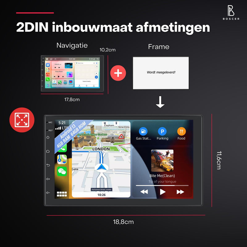 Boscer® Autoradio 2Din Universeel - Android 15 - Apple Carplay & Android Auto (Draadloos) - 6+128GB - 7 Inch HD Touchscreen - GPS Navigatiesysteem - Achteruitrijcamera & Microfoon