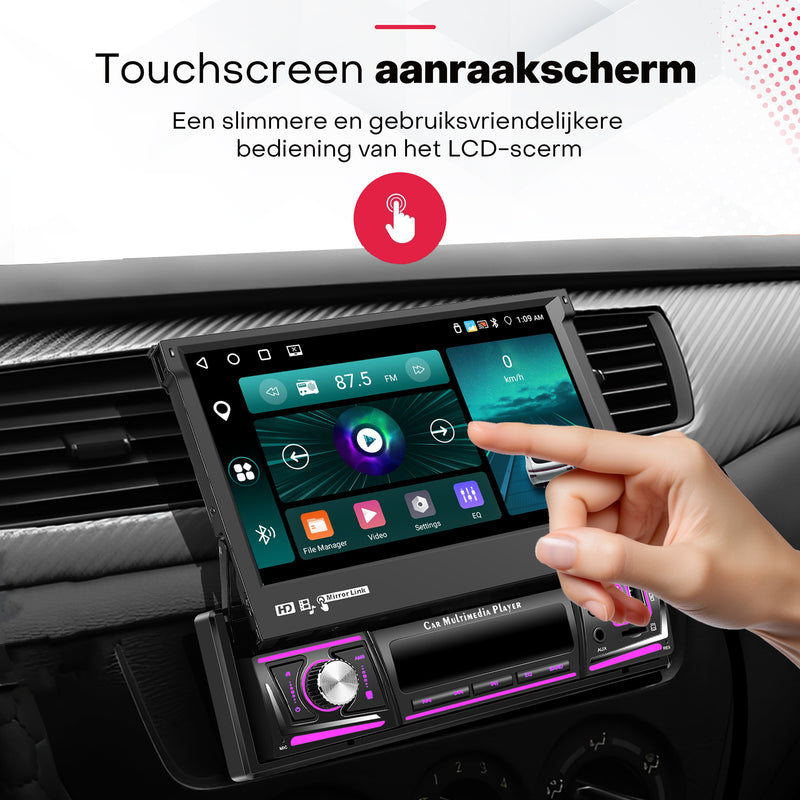 Boscer® 1Din Autoradio - Android 15 - Apple Carplay & Android Auto (Draadloos) - 4+64GB - 7 Inch IPS HD Handmatig Klapscherm - Navigatiesysteem - Bluetooth, Aux, USB, SD & MP5 - GPS - WIFI - Achteruitrijcamera & Microfoon