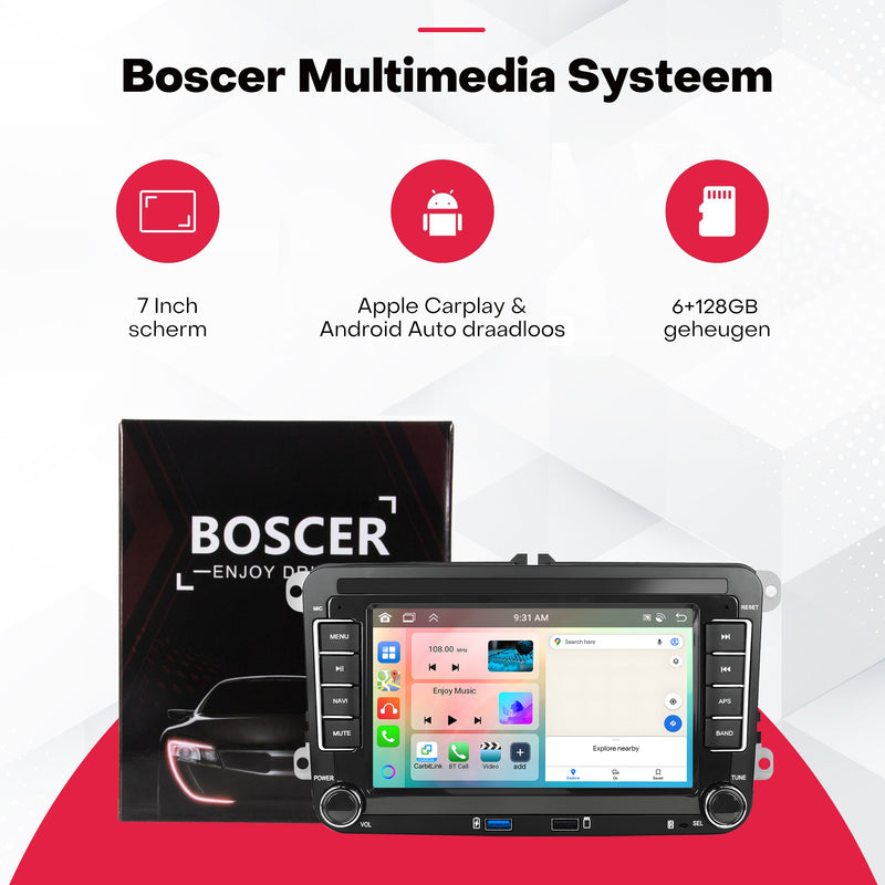 Boscer® Autoradio Geschikt voor Volkswagen, Skoda & Seat - Android 15 - 6+128GB - Apple Carplay & Android Auto - 7 Inch HD Touchscreen - Bluetooth, USB, WiFi & MP5 - Navigatiesysteem - Achteruitrijcamera & Microfoon - 2025 Model