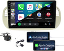 Boscer Autoradio Geschikt voor Fiat 500 2007-2015 - Android 11 - Apple Carplay & Android Auto (Draadloos) - 9'' Navigatiesysteem - Wit/Beige - Achteruitrijcamera