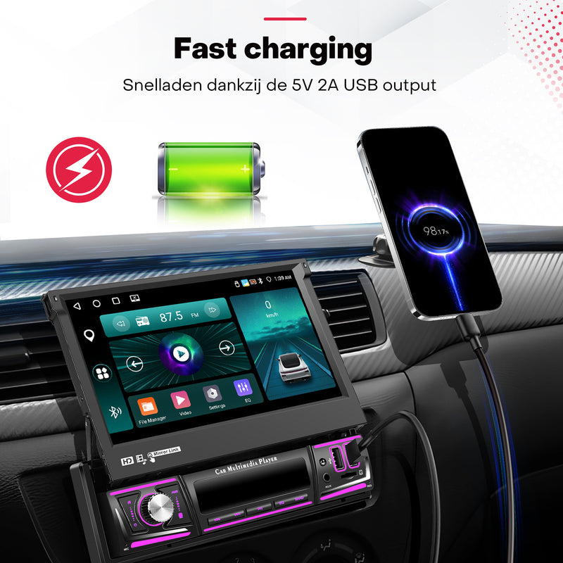Boscer® 1Din Autoradio - Android 15 - Apple Carplay & Android Auto (Draadloos) - 4+64GB - 7 Inch IPS HD Handmatig Klapscherm - Navigatiesysteem - Bluetooth, Aux, USB, SD & MP5 - GPS - WIFI - Achteruitrijcamera & Microfoon