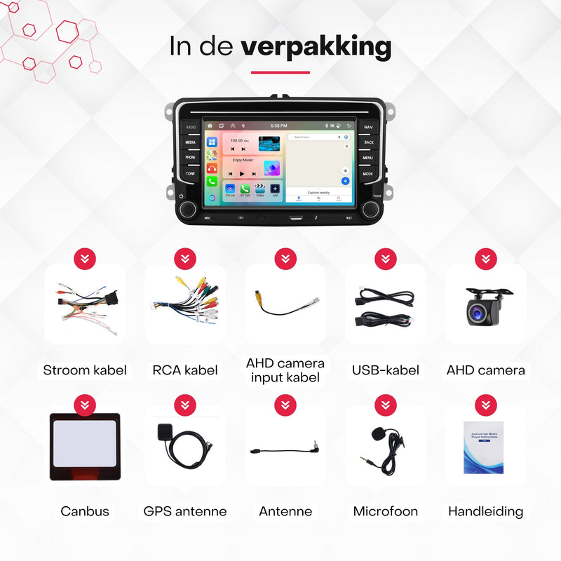 Boscer® Autoradio Geschikt voor Volkswagen, Skoda & Seat - Apple Carplay & Android Auto - Android 15 - 4+64GB - 7 Inch IPS HD Touchscreen - Bluetooth, USB, USB-C, Wifi & MP5 - Navigatiesysteem - Achteruitrijcamera & Microfoon - 2025 Model