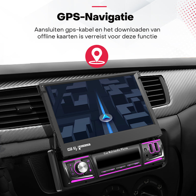 Boscer® 1Din Autoradio - Android 15 - Apple Carplay & Android Auto (Draadloos) - 4+64GB - 7 Inch IPS HD Handmatig Klapscherm - Navigatiesysteem - Bluetooth, Aux, USB, SD & MP5 - GPS - WIFI - Achteruitrijcamera & Microfoon