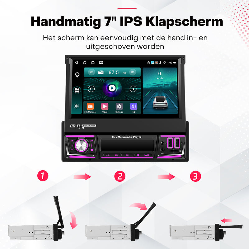 Boscer® 1Din Autoradio - Android 15 - Apple Carplay & Android Auto (Draadloos) - 4+64GB - 7 Inch IPS HD Handmatig Klapscherm - Navigatiesysteem - Bluetooth, Aux, USB, SD & MP5 - GPS - WIFI - Achteruitrijcamera & Microfoon