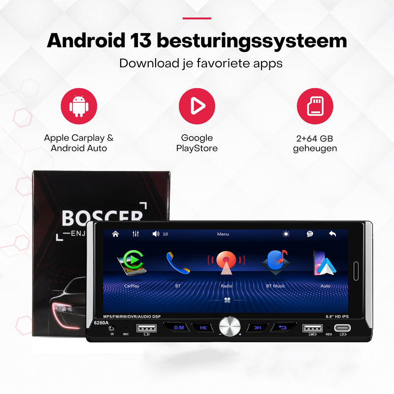 Boscer® Autoradio 1Din Universeel - Android 15 - Apple Carplay & Android Auto (Draadloos) - 6,9 Inch HD Touchscreen - 2+64GB - GPS Navigatiesysteem - USB, USB-C, WIFI, Bluetooth - MP5 - Achteruitrijcamera & Microfoon - 2025 Model