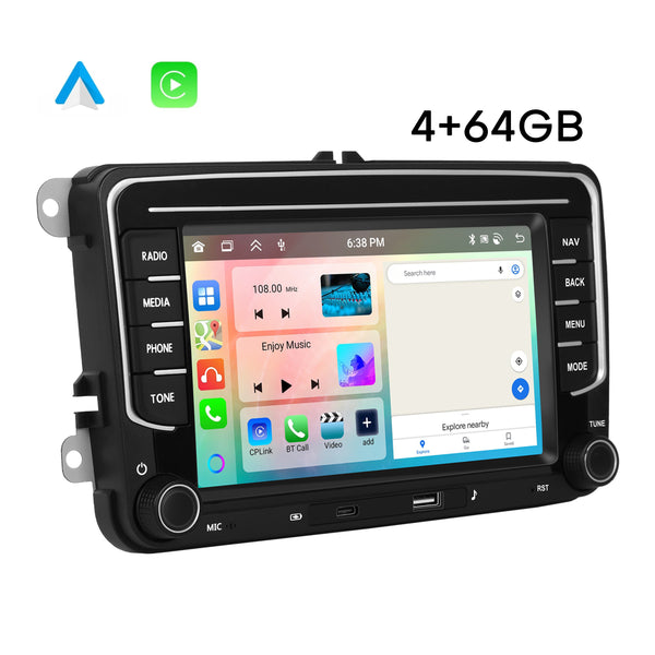 Boscer® Autoradio Geschikt voor Volkswagen, Skoda & Seat - Apple Carplay & Android Auto - Android 15 - 4+64GB - 7 Inch IPS HD Touchscreen - Bluetooth, USB, USB-C, Wifi & MP5 - Navigatiesysteem - Achteruitrijcamera & Microfoon - 2025 Model