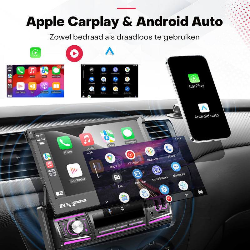 Boscer® 1Din Autoradio - Android 15 - Apple Carplay & Android Auto (Draadloos) - 4+64GB - 7 Inch IPS HD Handmatig Klapscherm - Navigatiesysteem - Bluetooth, Aux, USB, SD & MP5 - GPS - WIFI - Achteruitrijcamera & Microfoon