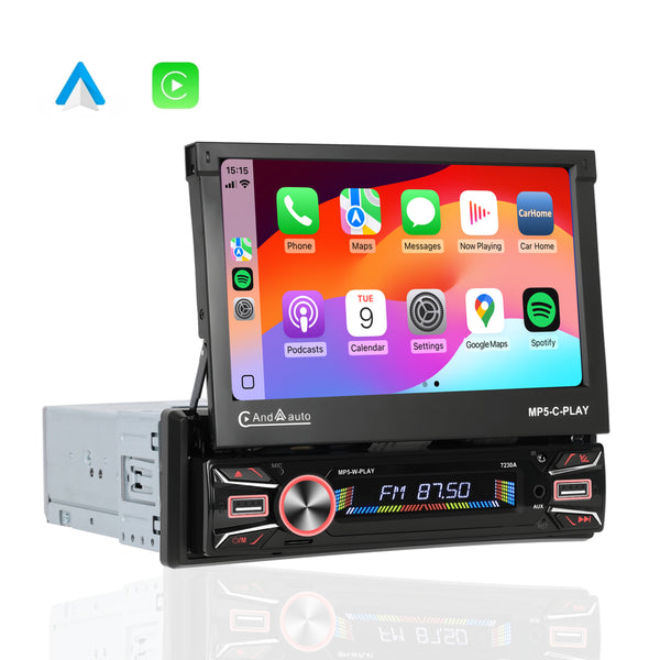 Boscer® 1Din Autoradio - Android 15 - Apple Carplay & Android Auto (Draadloos) - 2+64GB - 7 Inch IPS HD Gemotoriseerd klapscherm - Navigatiesysteem - Bluetooth, Aux, USB, MP5 - GPS - WIFI - Achteruitrijcamera & Microfoon