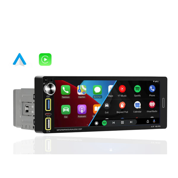 Boscer® 1Din Autoradio Universeel - 6,9 Inch HD Touchscreen - Apple Carplay & Android Auto (Draadloos) - Bluetooth, USB, USB-C & MP5 - AHD Achteruitrijcamera, Stuurwieladapter & Externe Microfoon - 2025 Model