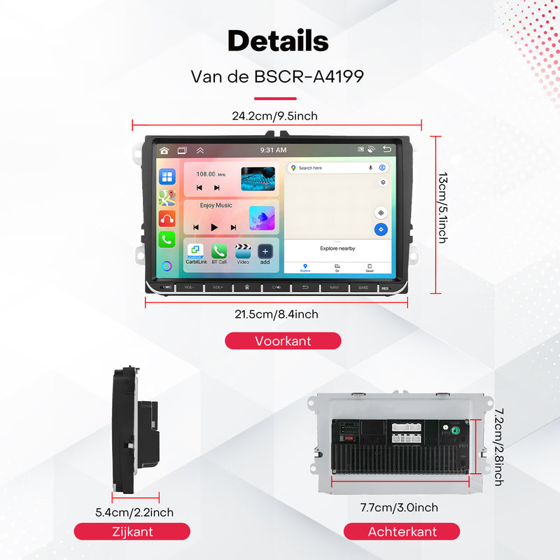 Boscer® Autoradio Geschikt voor Volkswagen, Skoda & Seat - Android 15 - 6+128GB - Apple Carplay & Android Auto - 9 Inch HD Touchscreen - Bluetooth, USB, WiFi & MP5 - Navigatiesysteem - Achteruitrijcamera & Microfoon - 2025 Model
