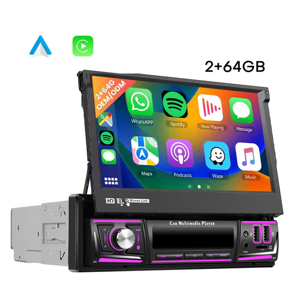 Boscer® 1Din Autoradio - Android 15 - Apple Carplay & Android Auto (Draadloos) - 2+64GB - 7 Inch IPS HD Handmatig Klapscherm - Navigatiesysteem - Bluetooth, Aux, USB, SD & MP5 - GPS - WIFI - Achteruitrijcamera & Microfoon