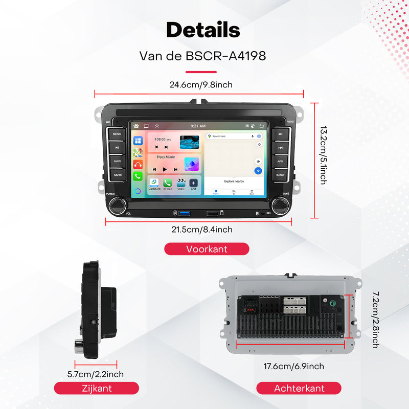 Boscer® Autoradio Geschikt voor Volkswagen, Skoda & Seat - Android 15 - 6+128GB - Apple Carplay & Android Auto - 7 Inch HD Touchscreen - Bluetooth, USB, WiFi & MP5 - Navigatiesysteem - Achteruitrijcamera & Microfoon - 2025 Model
