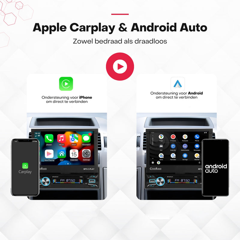 Boscer® 1Din Autoradio - Android 15 - Apple Carplay & Android Auto (Draadloos) - 2+64GB - 7 Inch IPS HD Gemotoriseerd klapscherm - Navigatiesysteem - Bluetooth, Aux, USB, MP5 - GPS - WIFI - Achteruitrijcamera & Microfoon
