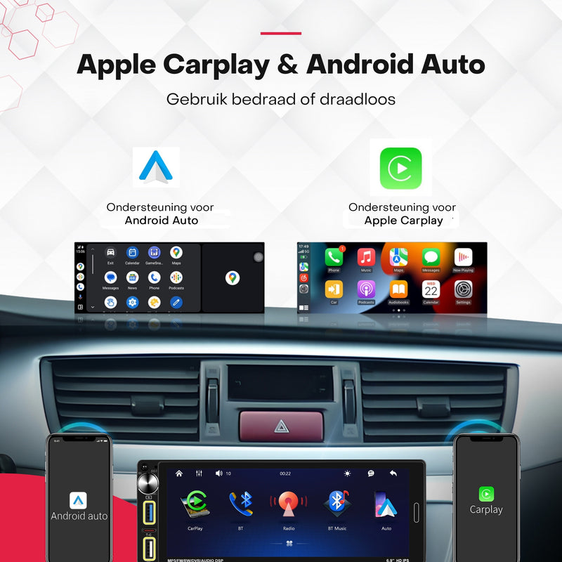 Boscer® 1Din Autoradio Universeel - 6,9 Inch HD Touchscreen - Apple Carplay & Android Auto (Draadloos) - Bluetooth, USB, USB-C & MP5 - AHD Achteruitrijcamera, Stuurwieladapter & Externe Microfoon - 2025 Model