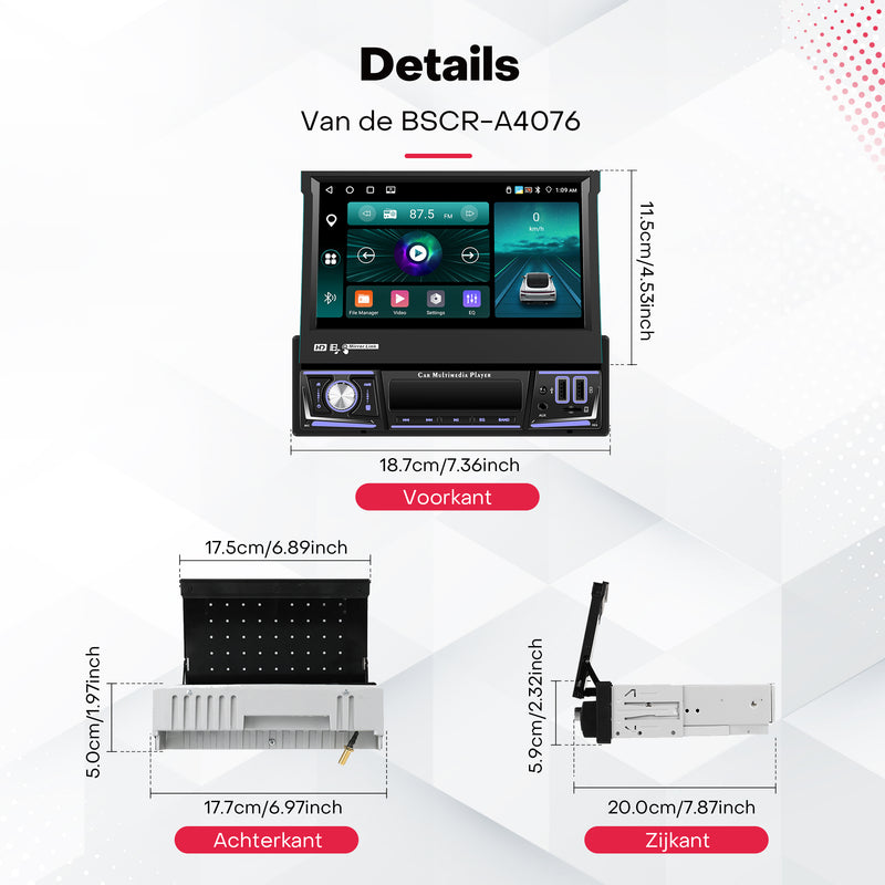 Boscer® 1Din Autoradio - Android 15 - Apple Carplay & Android Auto (Draadloos) - 4+64GB - 7 Inch IPS HD Handmatig Klapscherm - Navigatiesysteem - Bluetooth, Aux, USB, SD & MP5 - GPS - WIFI - Achteruitrijcamera & Microfoon