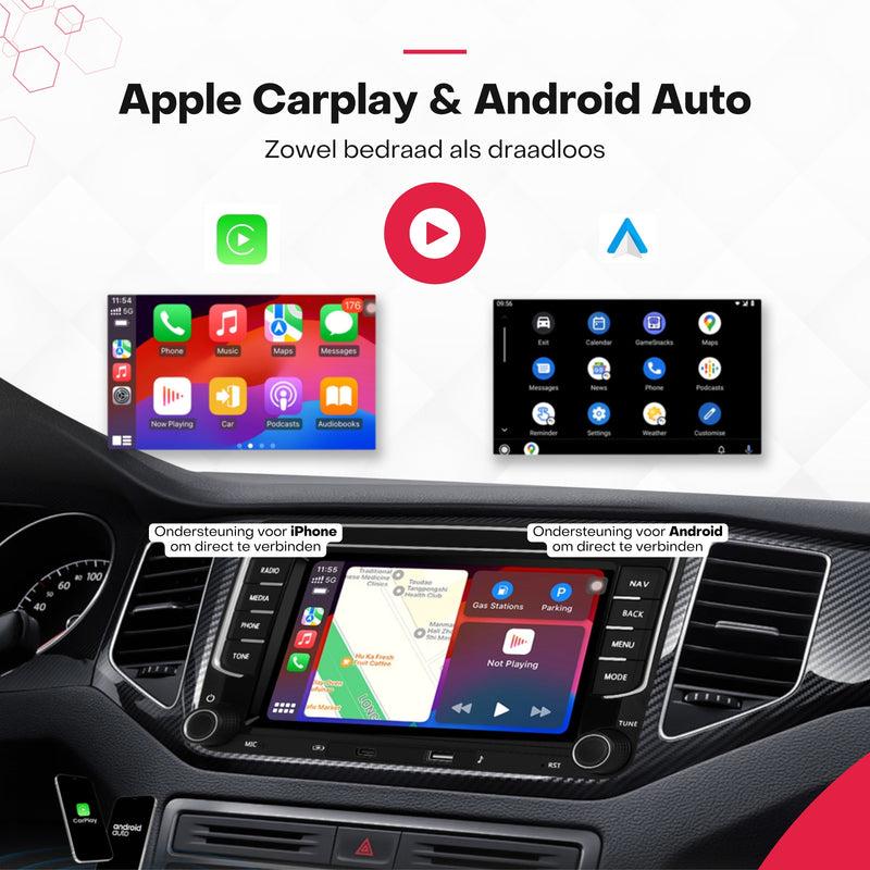 Boscer® Autoradio Geschikt voor Volkswagen, Skoda & Seat - Apple Carplay & Android Auto - Android 15 - 4+64GB - 7 Inch IPS HD Touchscreen - Bluetooth, USB, USB-C, Wifi & MP5 - Navigatiesysteem - Achteruitrijcamera & Microfoon - 2025 Model