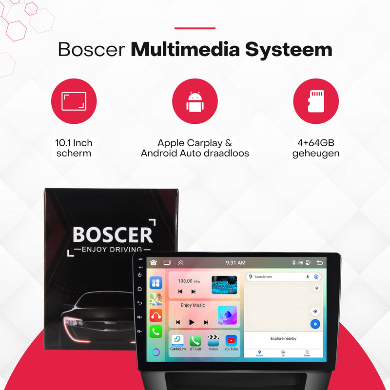 Boscer® Autoradio - Geschikt voor Peugeot 107, Toyota Aygo & Citroen C1 - Android 13 - 4+64GB - Apple Carplay & Android Auto (Draadloos) - 10.1 Inch HD IPS Touchscreen - Bluetooth - GPS Navigatiesysteem - AHD Achteruitrijcamera - 2025 Model