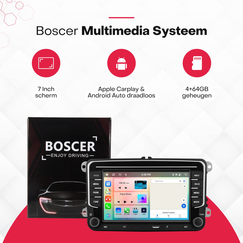 Boscer® Autoradio Geschikt voor Volkswagen, Skoda & Seat - Apple Carplay & Android Auto - Android 15 - 4+64GB - 7 Inch IPS HD Touchscreen - Bluetooth, USB, USB-C, Wifi & MP5 - Navigatiesysteem - Achteruitrijcamera & Microfoon - 2025 Model