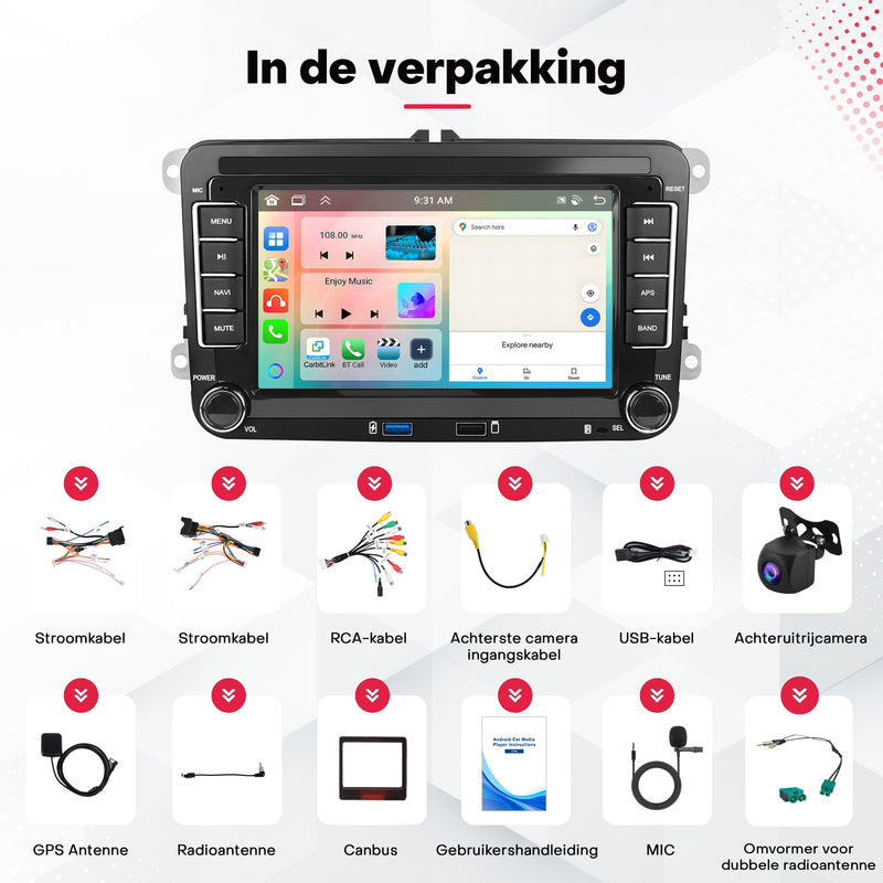 Boscer® Autoradio Geschikt voor Volkswagen, Skoda & Seat - Android 15 - 6+128GB - Apple Carplay & Android Auto - 7 Inch HD Touchscreen - Bluetooth, USB, WiFi & MP5 - Navigatiesysteem - Achteruitrijcamera & Microfoon - 2025 Model