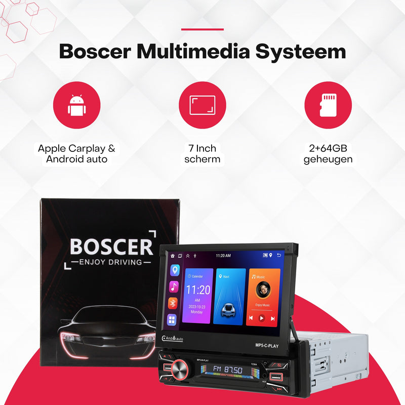 Boscer® 1Din Autoradio - Android 15 - Apple Carplay & Android Auto (Draadloos) - 2+64GB - 7 Inch IPS HD Gemotoriseerd klapscherm - Navigatiesysteem - Bluetooth, Aux, USB, MP5 - GPS - WIFI - Achteruitrijcamera & Microfoon
