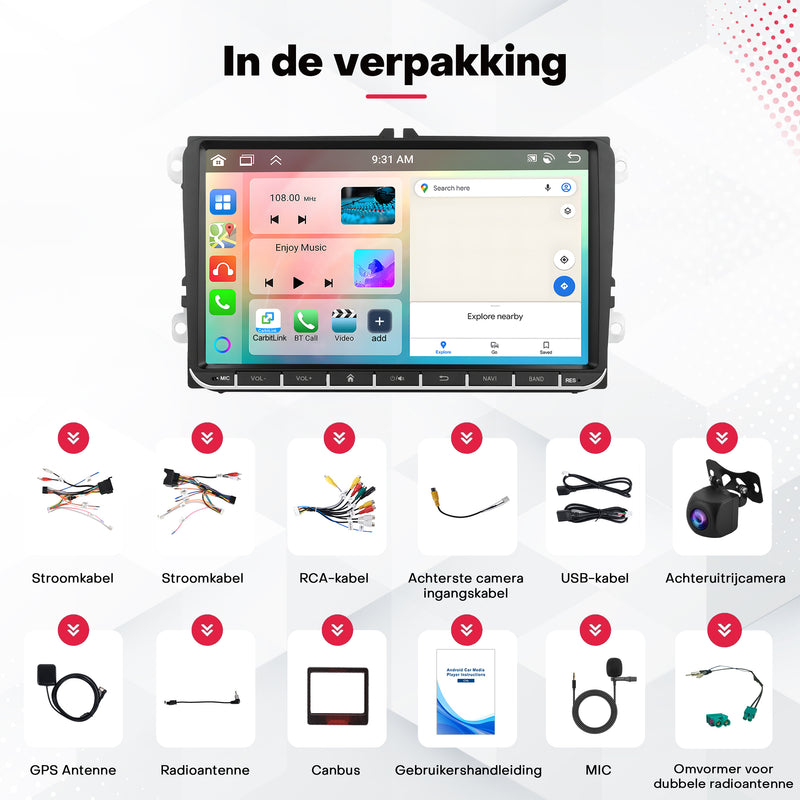 Boscer® Autoradio Geschikt voor Volkswagen, Skoda & Seat - Android 15 - 6+128GB - Apple Carplay & Android Auto - 9 Inch HD Touchscreen - Bluetooth, USB, WiFi & MP5 - Navigatiesysteem - Achteruitrijcamera & Microfoon - 2025 Model