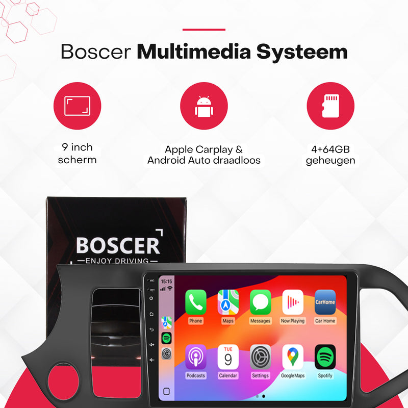 Boscer® Autoradio Geschikt voor Kia Picanto 2011-2017 - Android 15 - 4+64GB - Apple Carplay & Android Auto (Draadloos) - 9 Inch HD IPS Touchscreen - Bluetooth - GPS Navigatiesysteem - AHD Achteruitrijcamera - 2025 Model