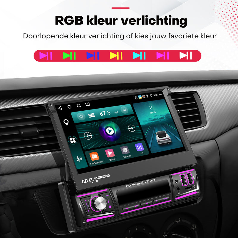 Boscer® 1Din Autoradio - Android 15 - Apple Carplay & Android Auto (Draadloos) - 4+64GB - 7 Inch IPS HD Handmatig Klapscherm - Navigatiesysteem - Bluetooth, Aux, USB, SD & MP5 - GPS - WIFI - Achteruitrijcamera & Microfoon