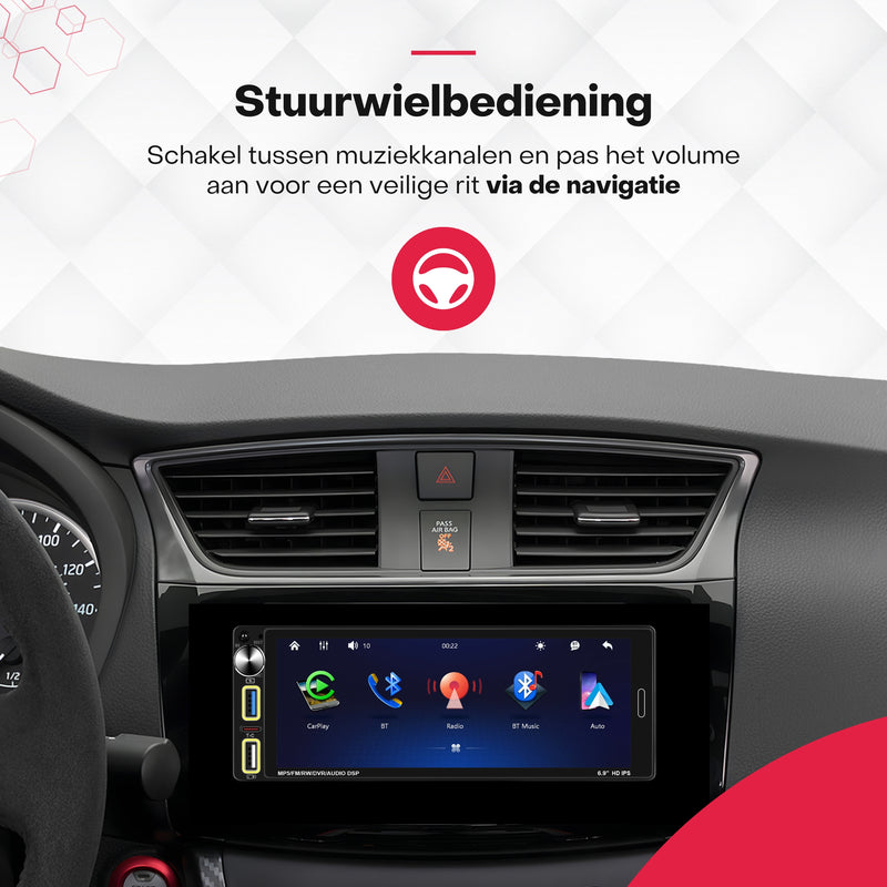Boscer® 1Din Autoradio Universeel - 6,9 Inch HD Touchscreen - Apple Carplay & Android Auto (Draadloos) - Bluetooth, USB, USB-C & MP5 - AHD Achteruitrijcamera, Stuurwieladapter & Externe Microfoon - 2025 Model