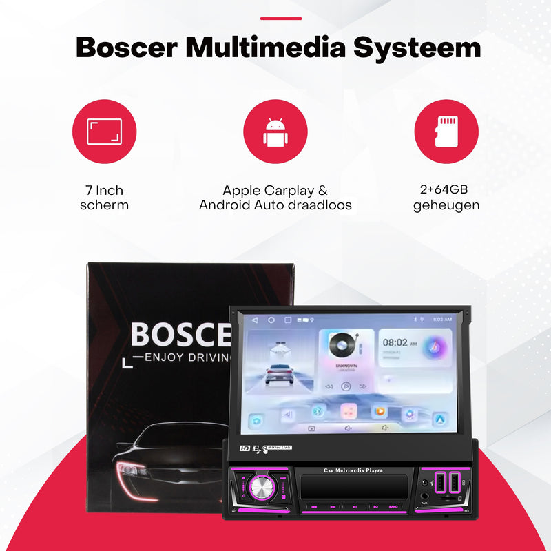 Boscer® 1Din Autoradio - Android 15 - Apple Carplay & Android Auto (Draadloos) - 2+64GB - 7 Inch IPS HD Handmatig Klapscherm - Navigatiesysteem - Bluetooth, Aux, USB, SD & MP5 - GPS - WIFI - Achteruitrijcamera & Microfoon