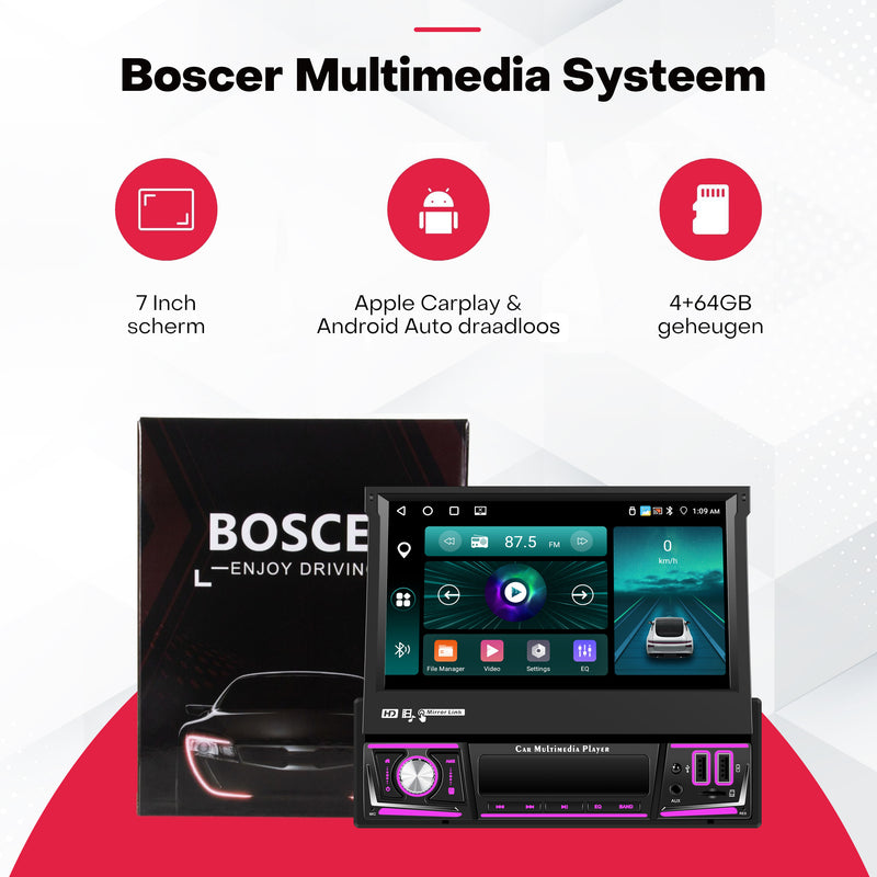 Boscer® 1Din Autoradio - Android 15 - Apple Carplay & Android Auto (Draadloos) - 4+64GB - 7 Inch IPS HD Handmatig Klapscherm - Navigatiesysteem - Bluetooth, Aux, USB, SD & MP5 - GPS - WIFI - Achteruitrijcamera & Microfoon