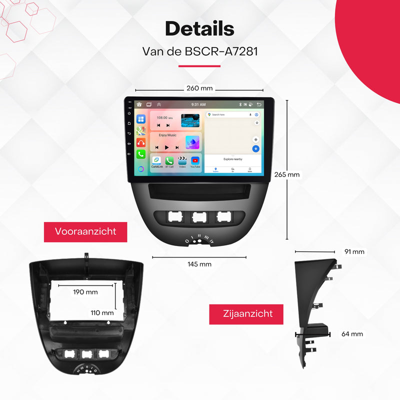 Boscer® Autoradio - Geschikt voor Peugeot 107, Toyota Aygo & Citroen C1 - Android 13 - 4+64GB - Apple Carplay & Android Auto (Draadloos) - 10.1 Inch HD IPS Touchscreen - Bluetooth - GPS Navigatiesysteem - AHD Achteruitrijcamera - 2025 Model