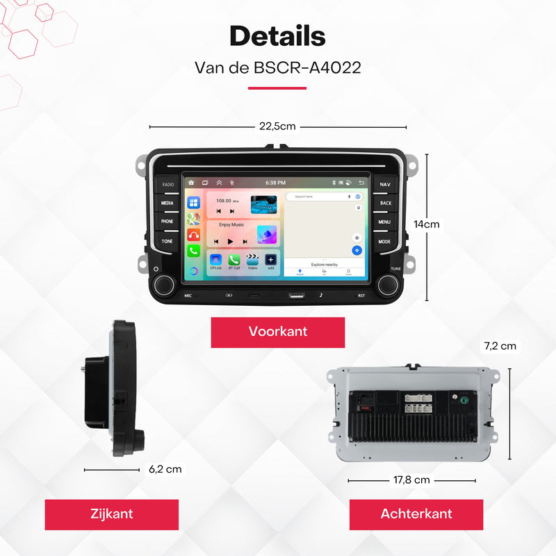 Boscer® Autoradio Geschikt voor Volkswagen, Skoda & Seat - Apple Carplay & Android Auto - Android 15 - 4+64GB - 7 Inch IPS HD Touchscreen - Bluetooth, USB, USB-C, Wifi & MP5 - Navigatiesysteem - Achteruitrijcamera & Microfoon - 2025 Model